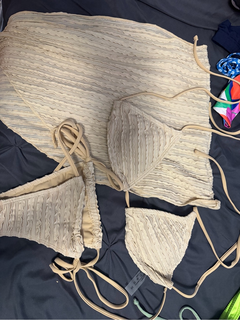 Stance Cream Knit Triangle Bikini Top and Bottoms with Cover-Up